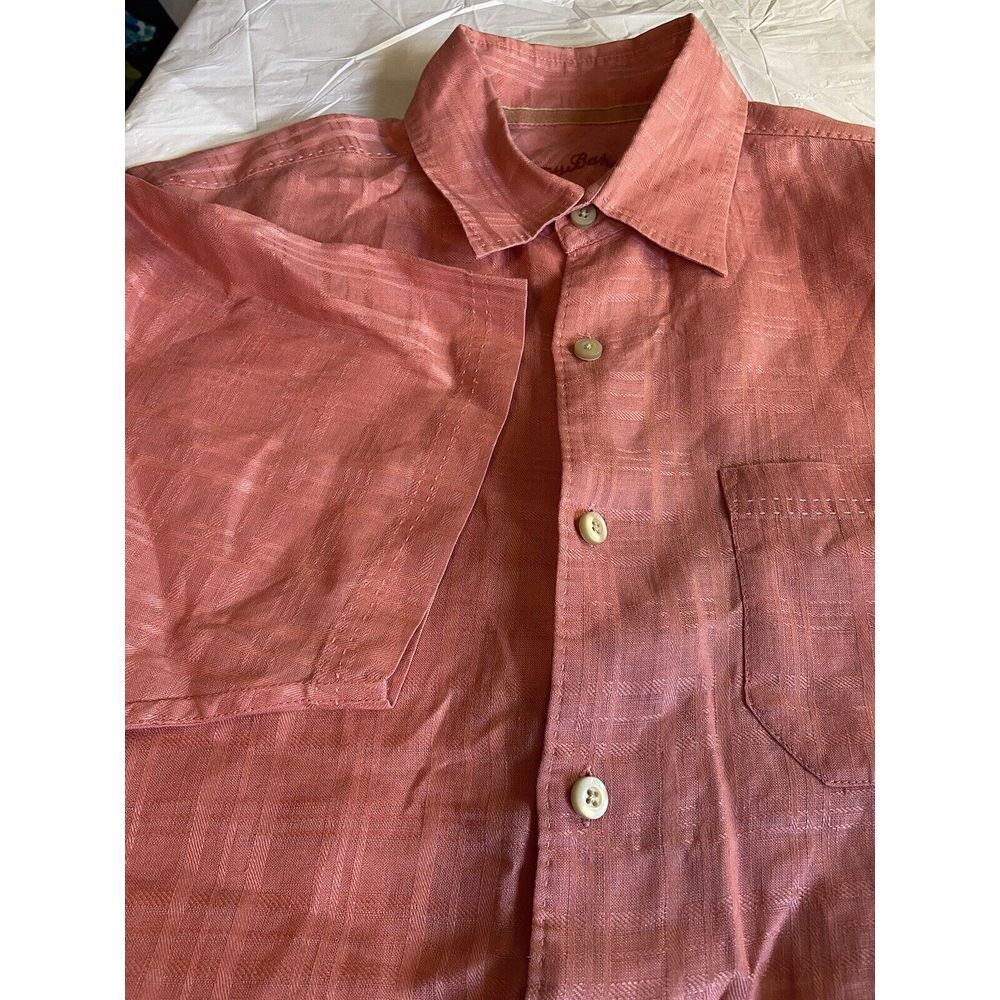 Men's Tommy Bahama Dark Pink 100% Linen Plaid Design Short Sleeve Shirt-Size Med